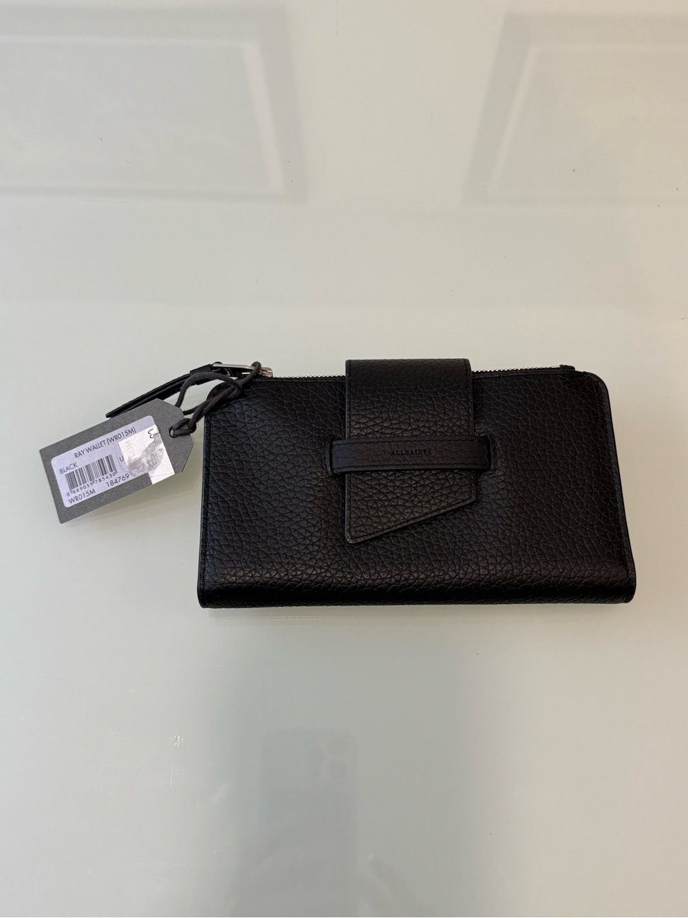 AllSaints Ray Black Pebbled Leather Zip Card Case Wallet NWT